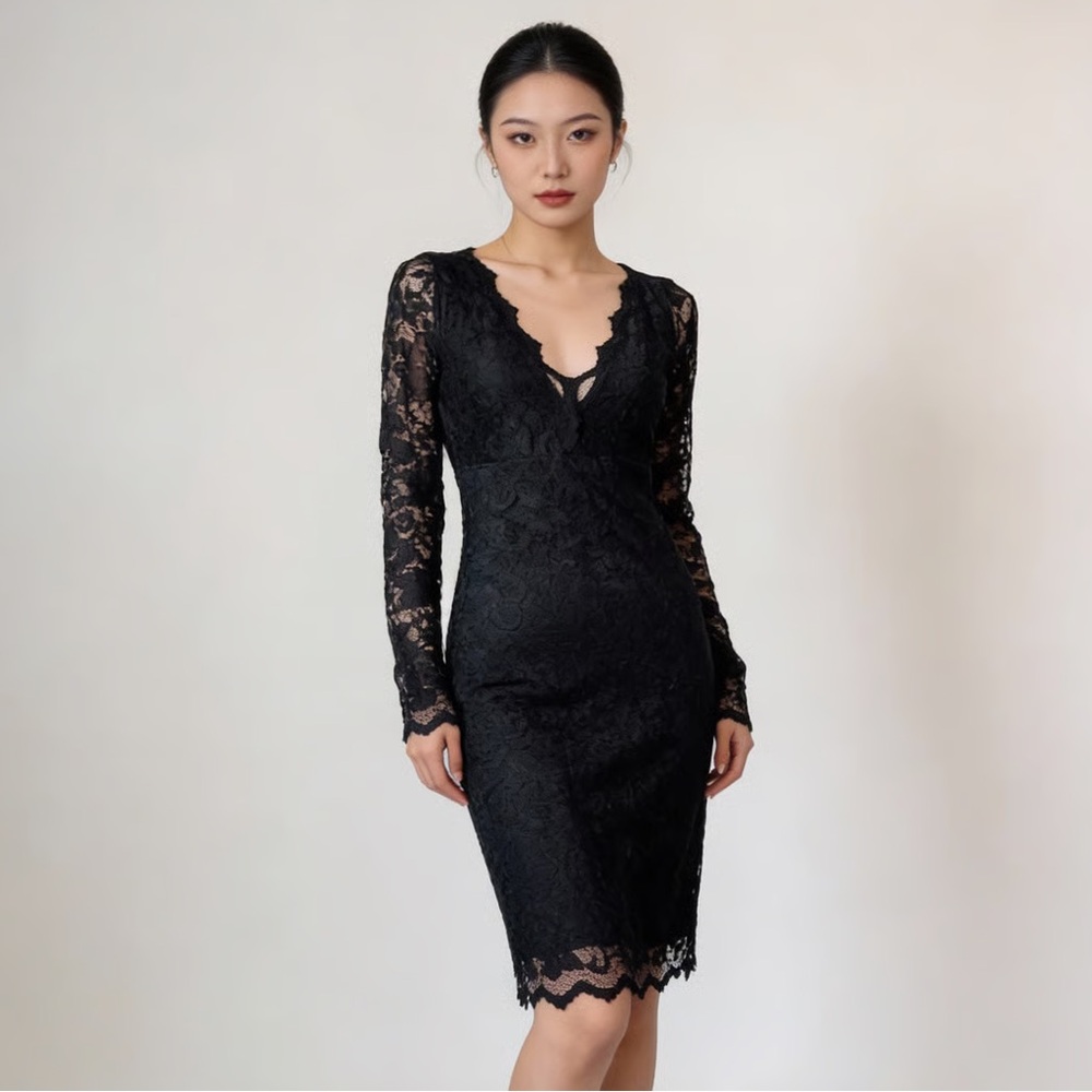 KAREN KANE | Black Lace Long Sleeve Midi Bodycon Dress Sz M
